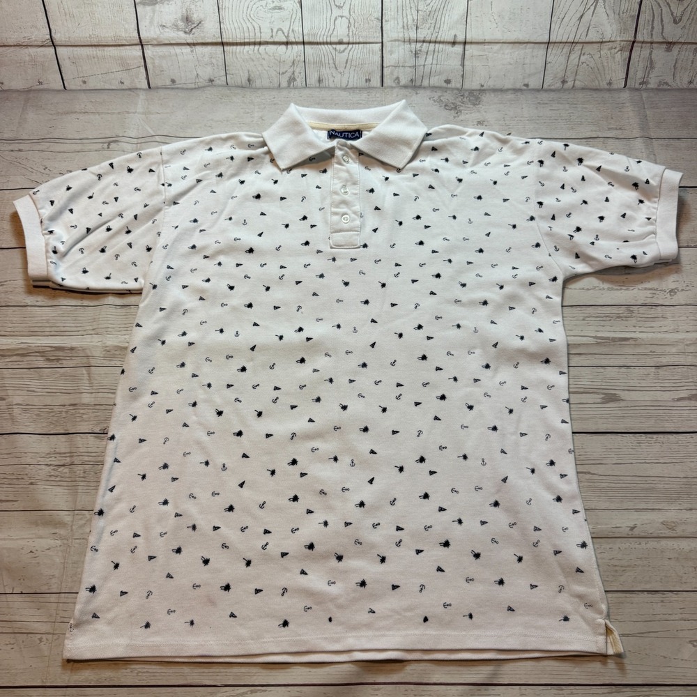 Nautica Anchors Boats Trees All Over‎ Print Polo Shirt White Men's Size Large
